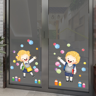 幼儿园大门窗户玻璃贴纸早教两面装 饰墙贴防水卡通贴画欢迎光临