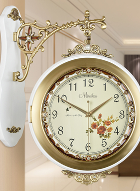 欧式仿古实木创意面挂钟大号静音客厅黄铜壁挂两面石英钟表时钟