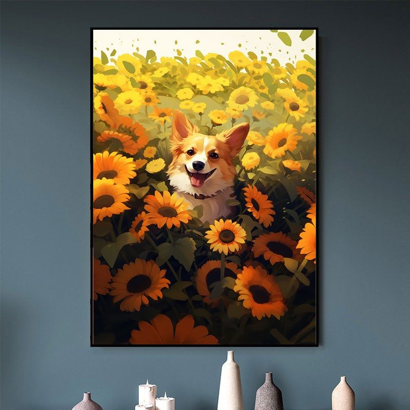向日葵柴犬小狗狗装饰画治愈系动物客厅宠物店儿童房卧室床头挂画,家居饰品,现代装饰画,淘宝优惠券,粉丝福利购,淘宝优惠卷