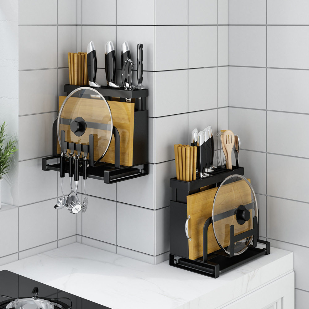 免打孔厨房刀架置物架壁挂菜刀筷子筒菜板架一体粘板架刀具收纳