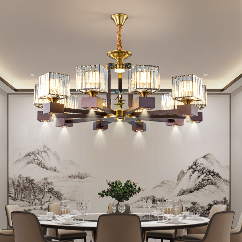 新中式餐厅吊灯带射灯餐饮饭店包厢包间包房圆桌水晶吊灯客厅灯具