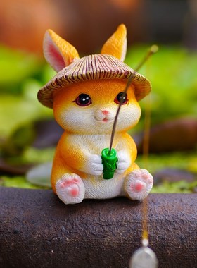 鱼缸造景摆件小兔子垂钓鱼假山流水鱼池花园花盆微景观水族箱装饰