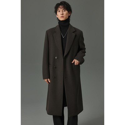 w2x秋冬季加厚平驳领垫肩一字袋装饰长款羊毛呢大衣男中长款外套