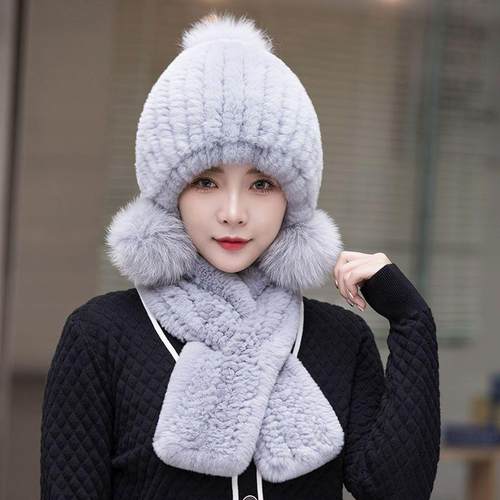 帽子女秋冬季保暖加厚护耳帽韩版百搭妈妈獭兔毛皮草帽子围巾套装