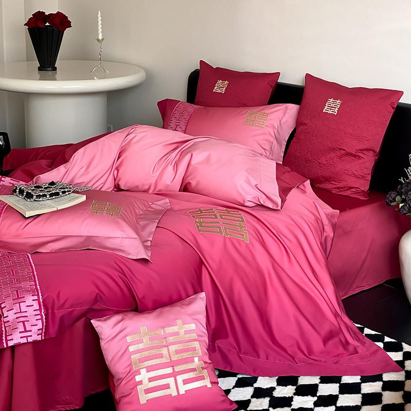 渐变色婚庆四季贡缎长绒棉四件套红色结婚现代风刺绣被套床上用品