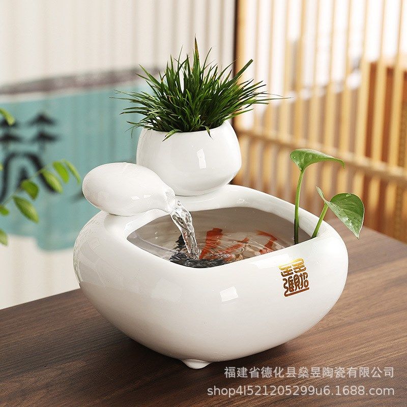陶瓷流水鱼缸自动水循环桌面办公室装G饰品茶几喷泉水景小摆件开