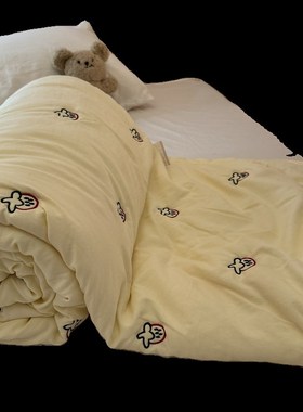 少女心奶黄色草莓刺绣夏凉被超柔软水洗棉夏被单双人可机洗空调被