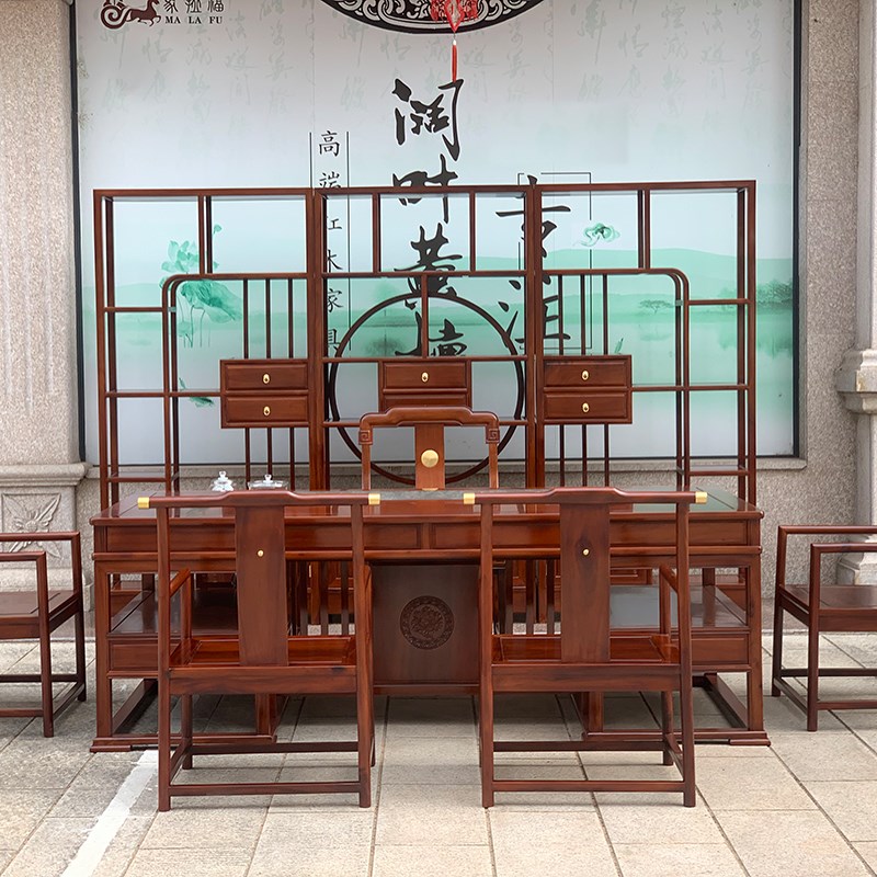 非洲酸枝木红木茶桌椅组合全实木榫卯工艺办公室茶台W博古架原木