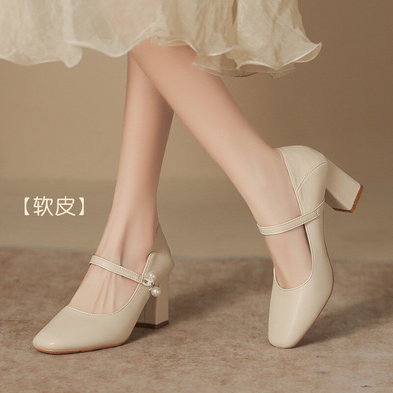 玛丽珍粗跟软皮高跟鞋法式5公w分春季小码单鞋女313233大码脚胖宽