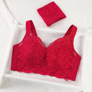 女大胸显小全罩杯防下垂蛇年新年文胸内裤 红色内衣套装 本命年薄款