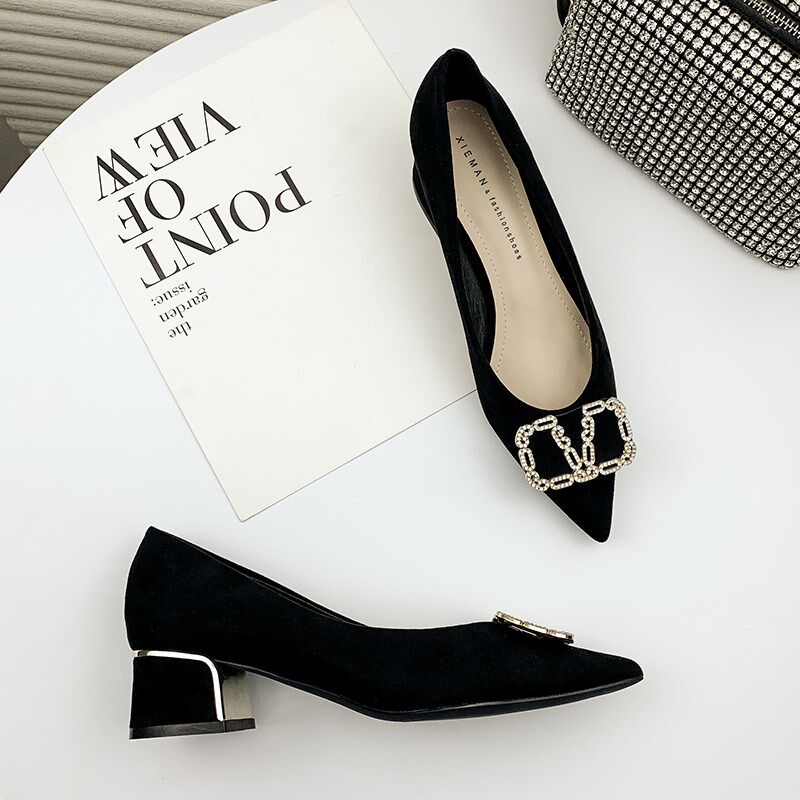 粗跟单鞋女职业2025年春新款尖头气质通勤工作百搭黑色高跟鞋中跟