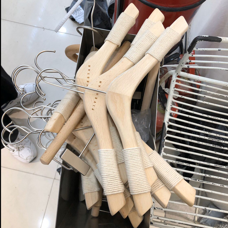 韩版榉木捆绳防滑实木衣架圆形裤架女服装店长钩木衣挂撑LOGO定制