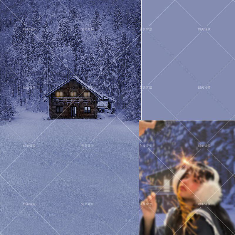 影楼冬天雪景拍照l氛围感背景布少女小木屋雪地森林拍照背景道纸