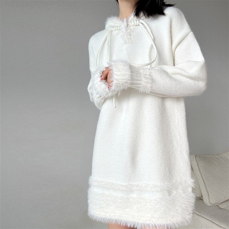 中长款连帽白色毛衣女遮屁股x秋冬外穿宽松慵懒风软糯白月光大毛