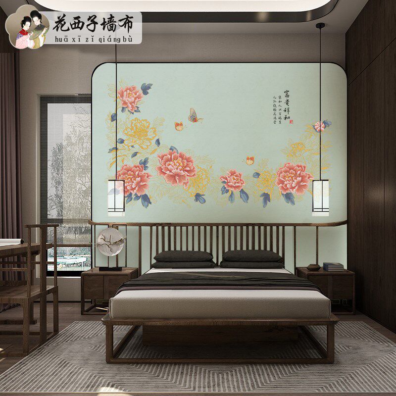 古典中式牡丹花独绣刺绣墙布书房客厅餐厅沙发电视影视背景壁布