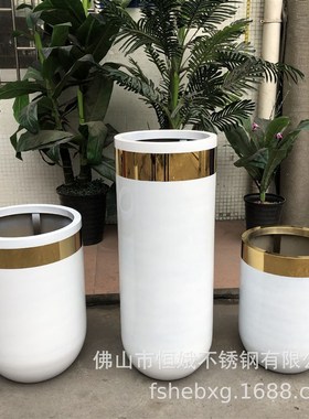 62047 金色边圆形花钵 不锈钢圆柱形花盆 多种颜色烤漆花器