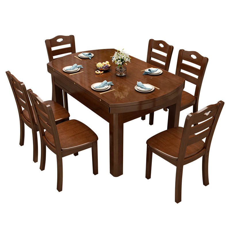 实木餐桌椅组合伸缩折叠现代简约家用小户型圆形餐桌六人吃饭桌子
