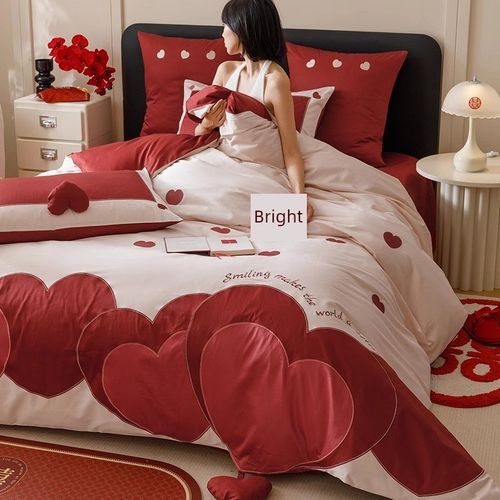 中式婚庆四件套浪漫全棉大红色被套床单喜庆婚房布置床上用品