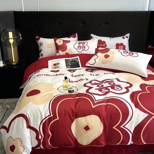 简约婚庆四件套大红色红花喜被婚床单笠新婚庆房嫁礼床上用品中式