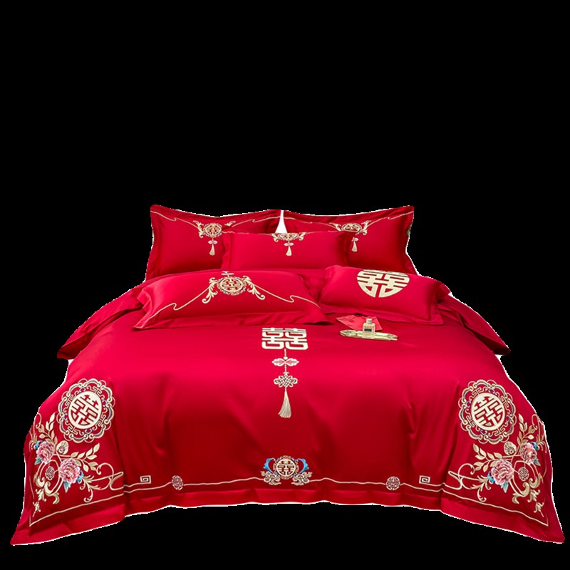 奢华全棉婚庆四件组新婚大红色刺绣被套床单结婚床上用品
