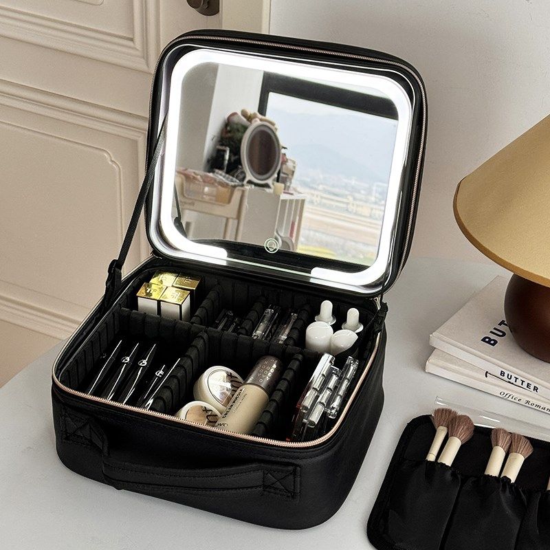 2025新款化妆包大容量带镜子补光灯F化妆箱女手提家用分区收纳盒