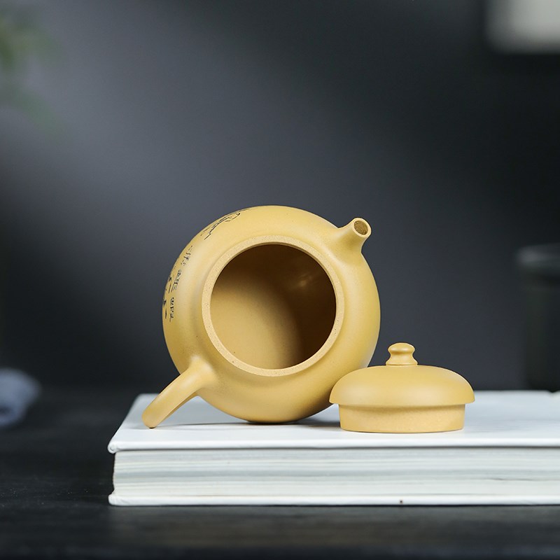紫砂壶宜兴原矿段泥文旦壶刻虾趣190毫升茶具
