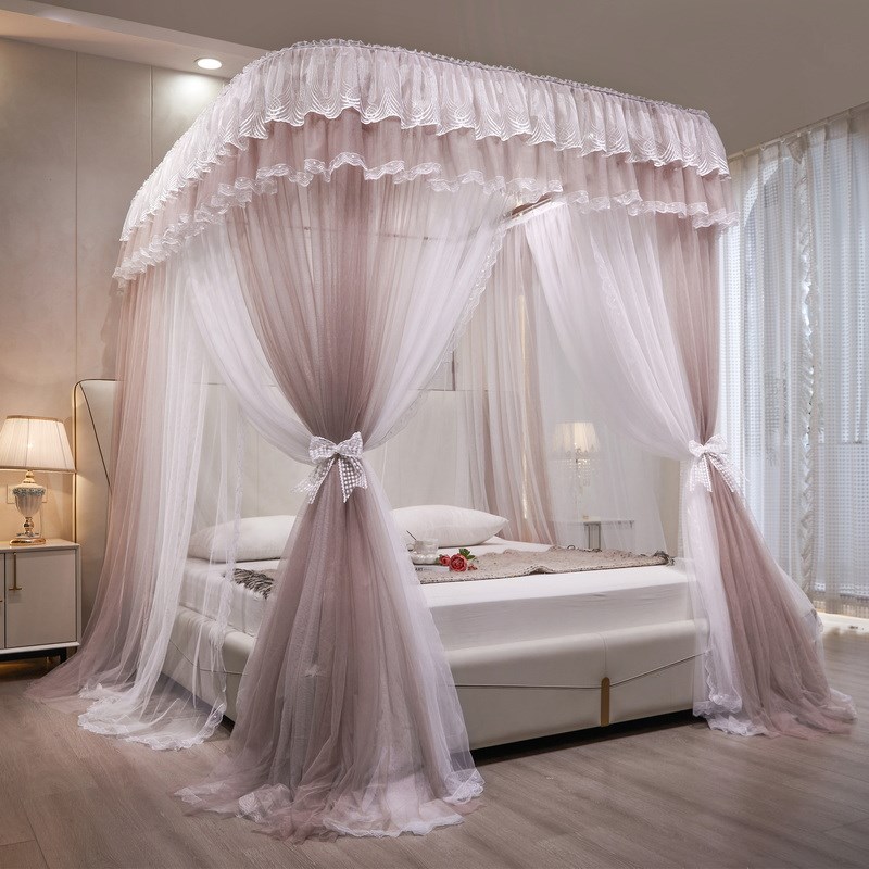 新款u型导轨蚊帐家用公主风床幔防蚊轨道加厚加密双层落地三开门