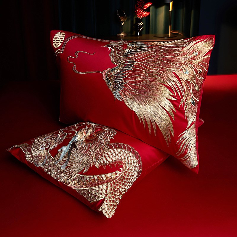 大红喜被奢华婚庆陪嫁高端四件套 高档龙凤刺绣结婚全棉床上用品