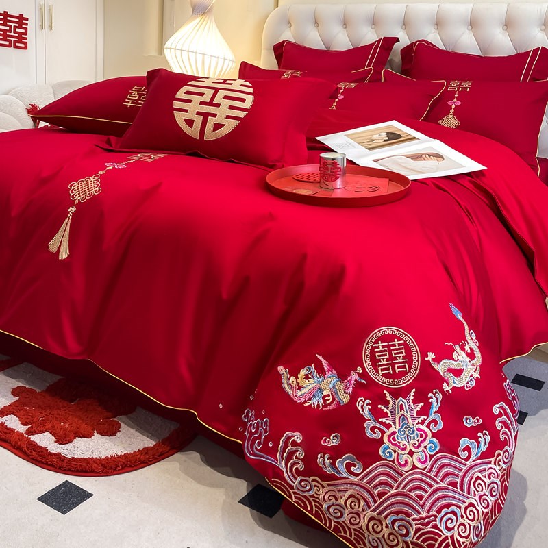 中式龙凤刺绣结婚四件套红色婚庆六件套床单被套喜被床上用品