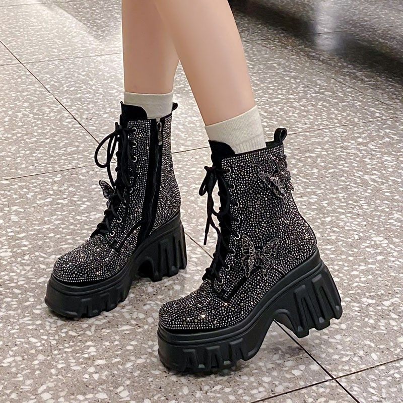 水钻10cm内增高帅气英伦风马丁靴女厚底单靴小个子显瘦高跟短靴