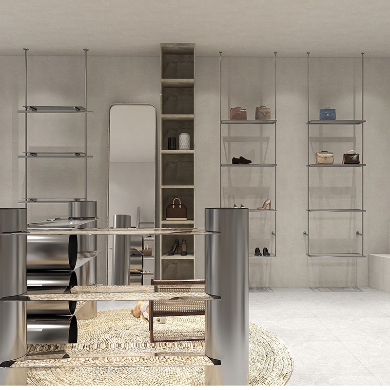 鞋店展示架不锈钢吊挂鞋架简易服装店悬挂包架玻璃多层置物架