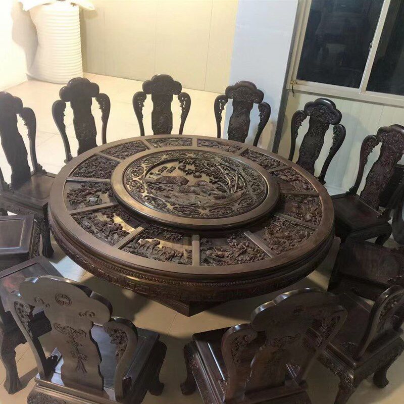 红木餐桌老挝大红酸枝酸枝圆桌y交趾黄檀深雕圆台桌雕花实木餐桌