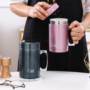 陶瓷内胆保温杯不锈钢外壳真空保温杯带把手柄商务办公茶杯礼品杯