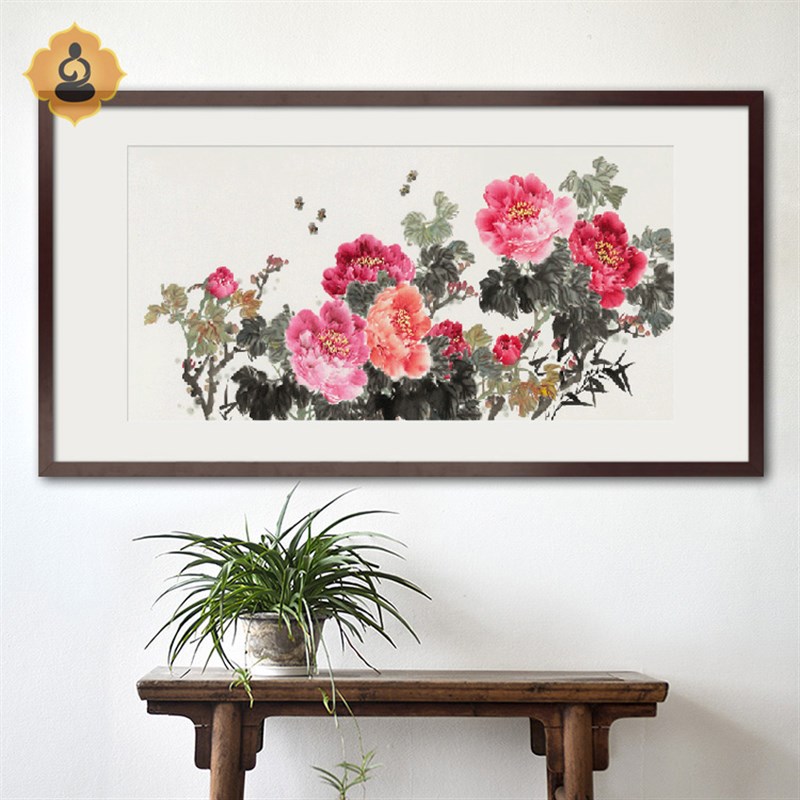 横幅花鸟国画洛阳牡丹花开富贵书房客厅办公室内中式装饰画框挂画图片