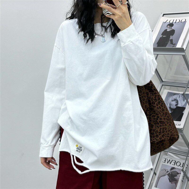 秋冬季磨毛中长款纯棉贴布笑脸t恤女E新款韩版破洞宽松bf风打底衫