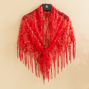 亮片三角丝巾镂空巾花边装饰围巾百搭流苏丝巾演出闪光走秀披肩