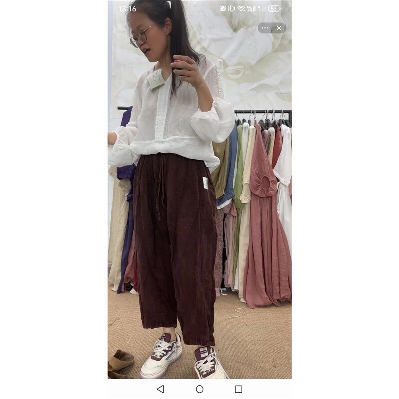 18535松紧腰抽绳系带多片拼接亚麻南瓜裤大P码遮肉显瘦灯笼裤女裤