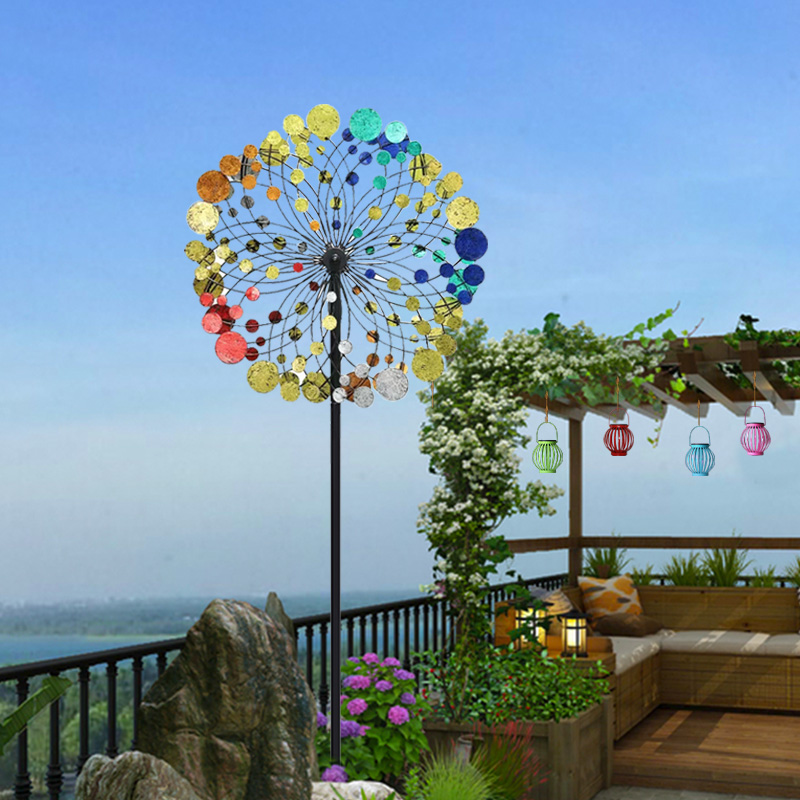 花园庭院铁艺旋转双面彩色风车户外阳台院子造景装饰摆件落地模型