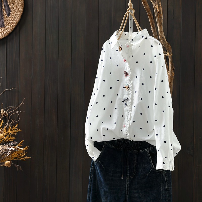 卡通装饰波点印花纯棉白衬衫女长袖春夏薄款日系甜美百.搭打底衬