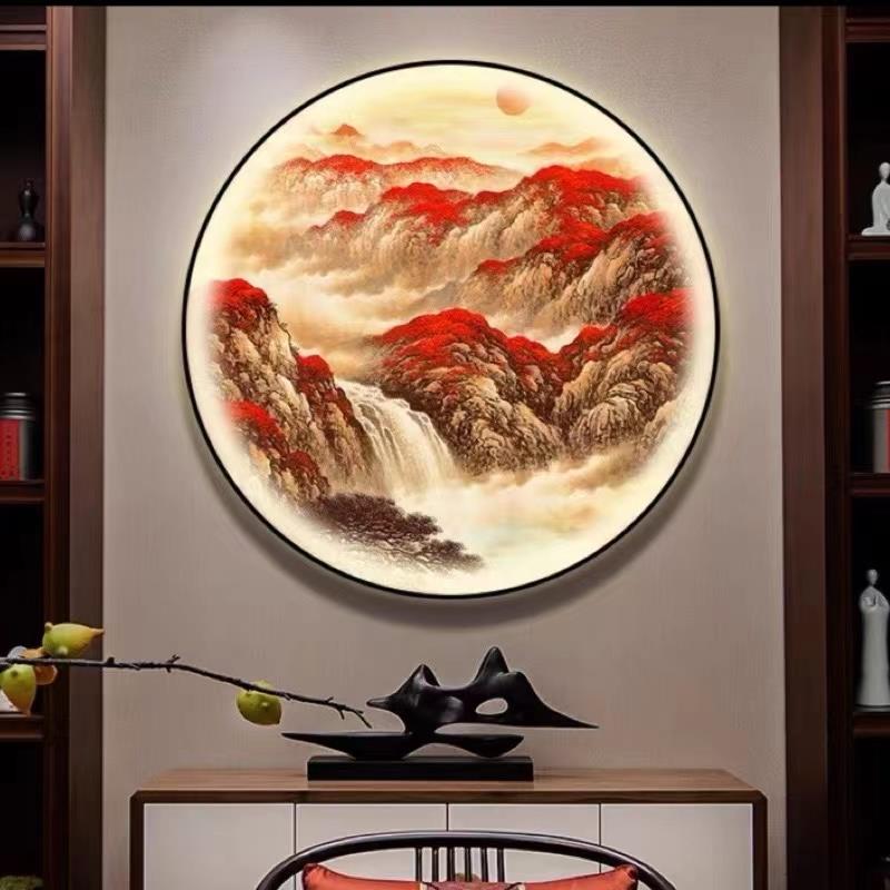 鸿运当头玄关装饰画带灯新中式圆形茶室背景墙灯画办公室山水挂画