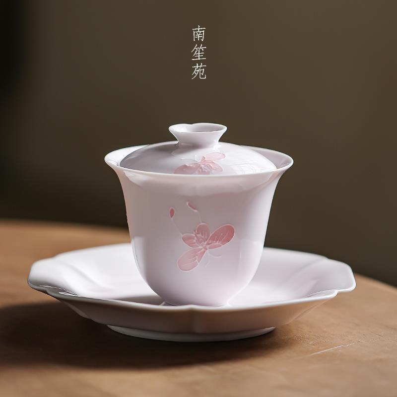 手绘堆料粉蝶创意三才盖碗茶杯家用单个简约不烫手茶碗功夫茶具