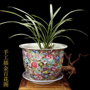 手绘景德镇陶瓷花盆古典新中式装修粉彩瓷兰花盆树盆室内描金专用