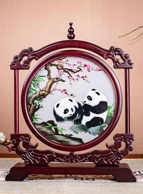 苏州双面绣摆件苏绣手工艺品屏风电视柜酒柜摆台送老外大熊猫礼品