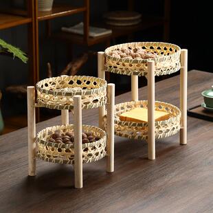 竹制品竹编双层点心篮实木架收纳筐镂空竹篮厨房客厅水果盘干 干