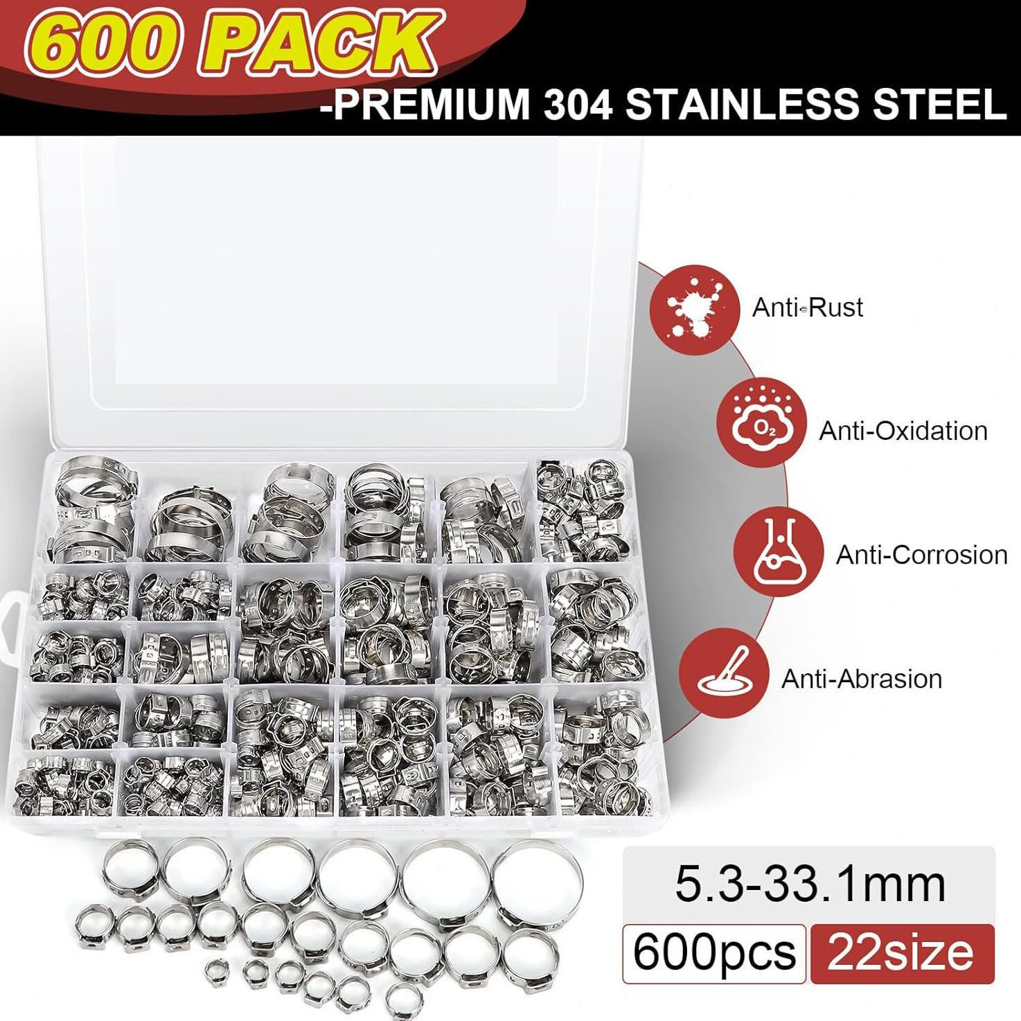 直销跨境600PCS盒装 304不锈钢耳无极卡箍喉箍软管夹5.3-33.1mm