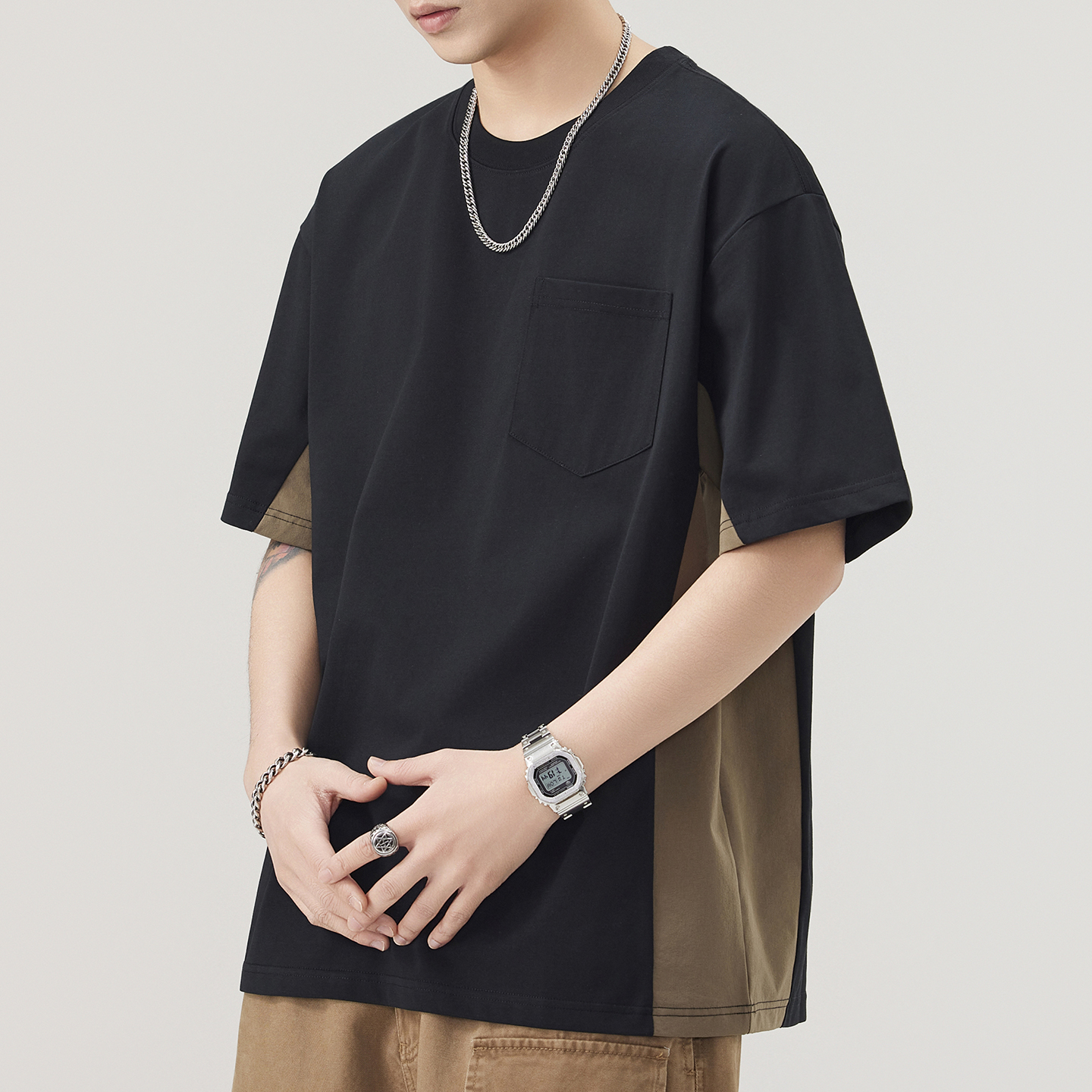 男士休闲短袖T恤夏季新款拼接口袋圆领宽松五分袖体恤日系复古潮