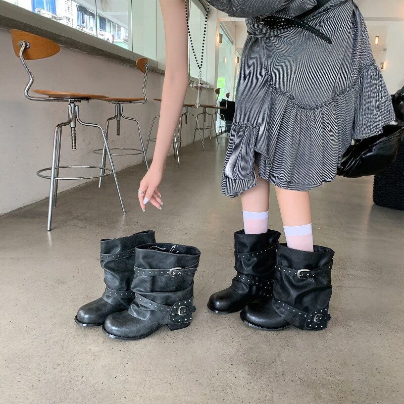 桃子家~真皮圆头粗跟堆堆靴女
