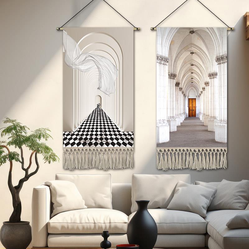 简约现代立体空间挂画布艺餐厅玄关装饰画店铺背景墙拱门挂毯定制图片