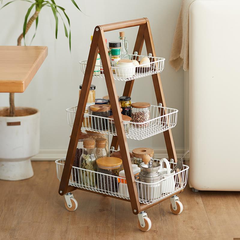 实木家用收纳调料架客厅储物用品移动小推车整理架多层零食置物架