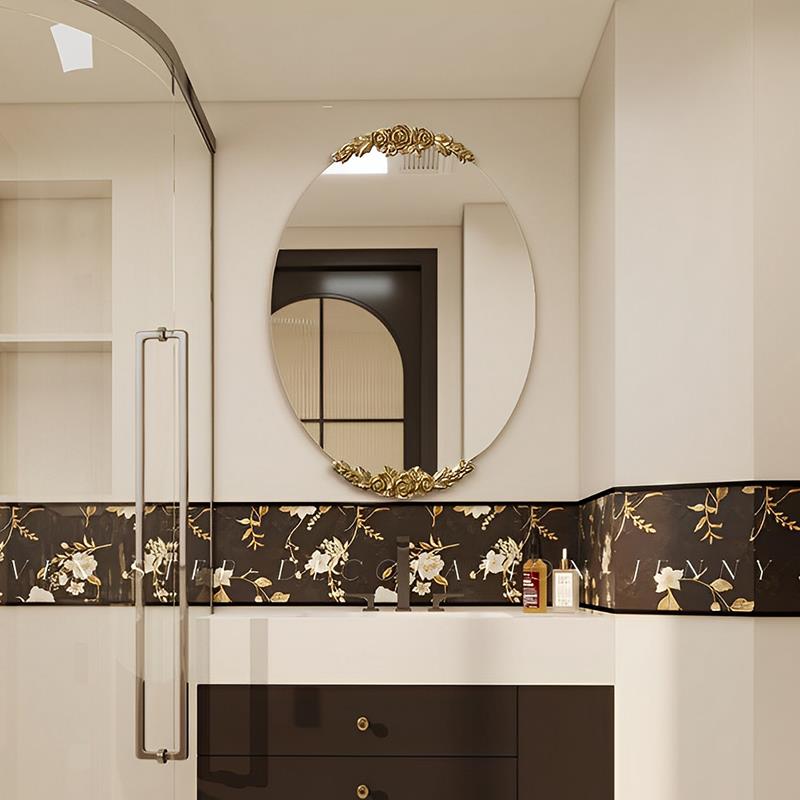 法式复古双台盆高级卫浴镜轻奢古典雕花化妆镜欧式椭圆形装饰镜子